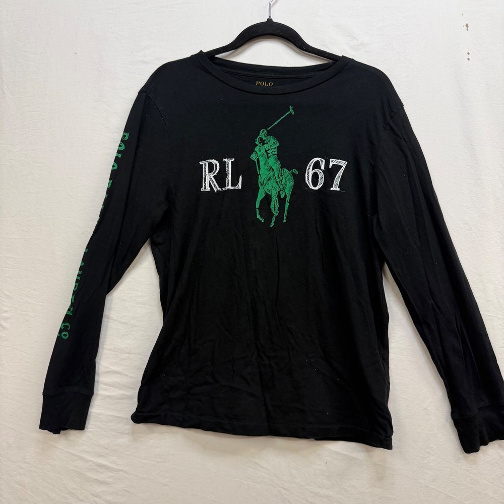 Polo Ralph Lauren Mens Black Green Big Pony RL 67 Long Sleeve T-Shirt Size L